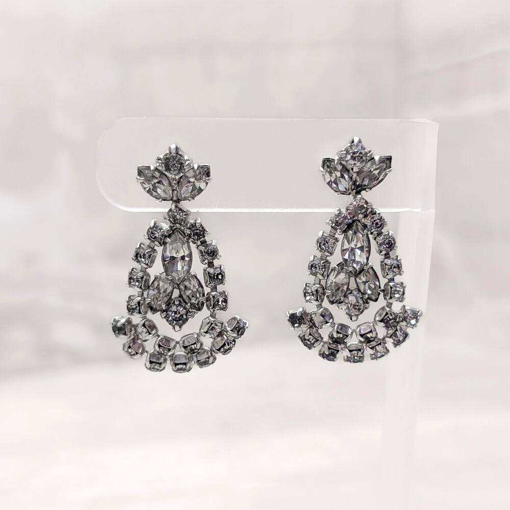 Vintage Screw Back Earrings Dark Clear Gems Large Statement Dangle
